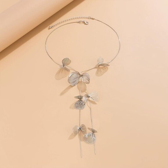 Women's Silver Ginkgo Leaves Choker Statement Long Tassel Beachy Party Necklace - Picture 5 of 9
